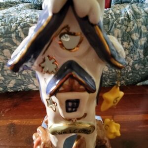 Whimsical Ceramic Holiday Birdhouse Decor - Blue, White & Gold
